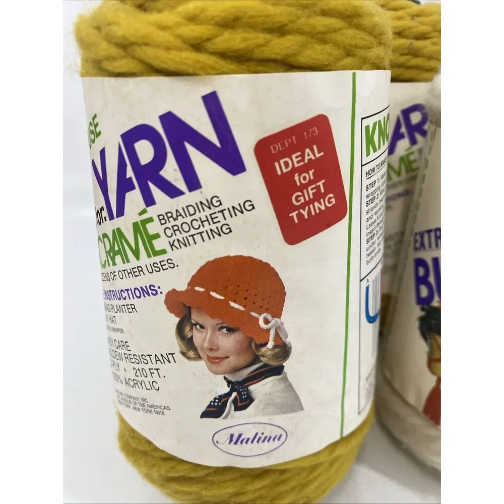 Vintage Lot Of (4)‎ Malina Acrylic Extra Bulky Yarn For Macrame Yellow & White